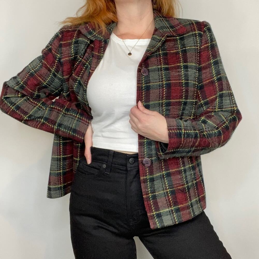 Vintage 90s Sag Harbor Olive & Burgundy Plaid Shacket Shirt Jacket Blazer Coat